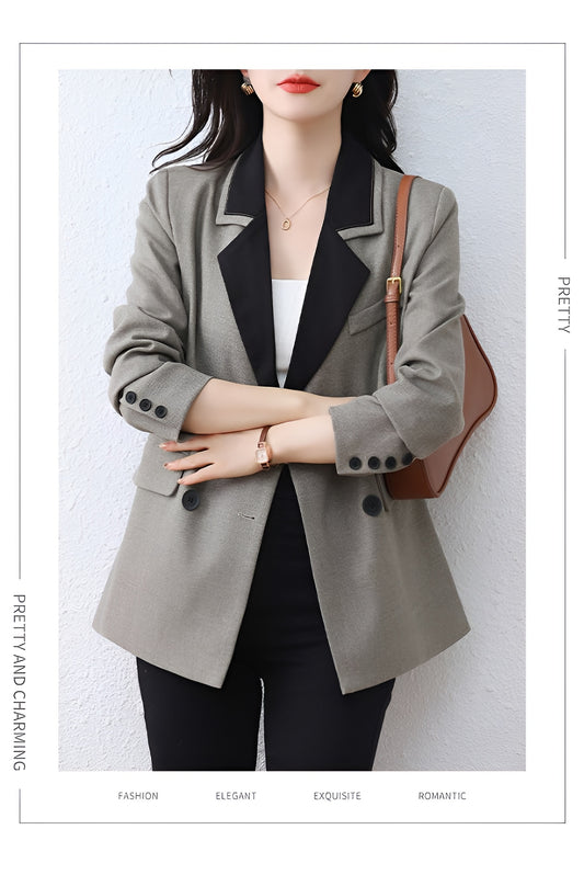 Retro Drizzle Gray Stitching Suit Jacket For Women