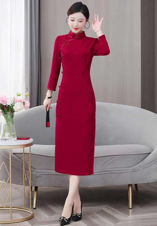 Retro Long Sleeves Red Cheongsam Banquet Dress