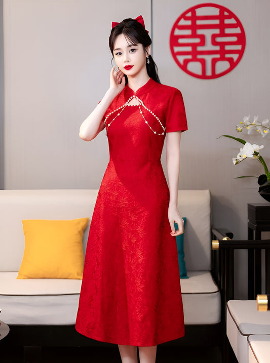 Retro Red Elegant Lace A-line Cheongsam