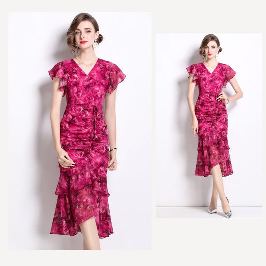 Rose Red Floral V-neck Slim Dress