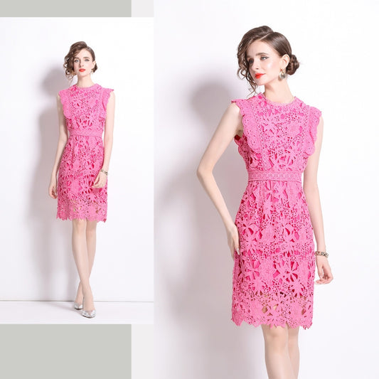 Rose Red Sleeveless Lace Dress