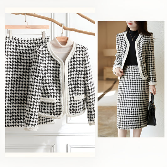 Round Neck Plaid Jacket + Skirt Two Pieces Suit Set