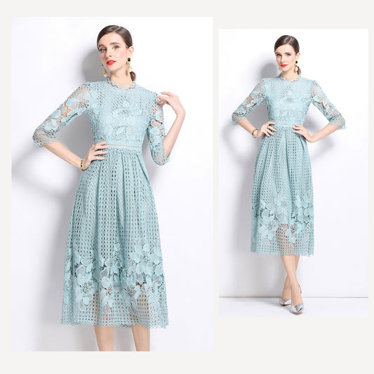 Shadow Green Hook Flower Lace Mid-length Dress