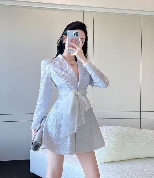 Silver Backless Lapel Long Sleeve Suit Dress