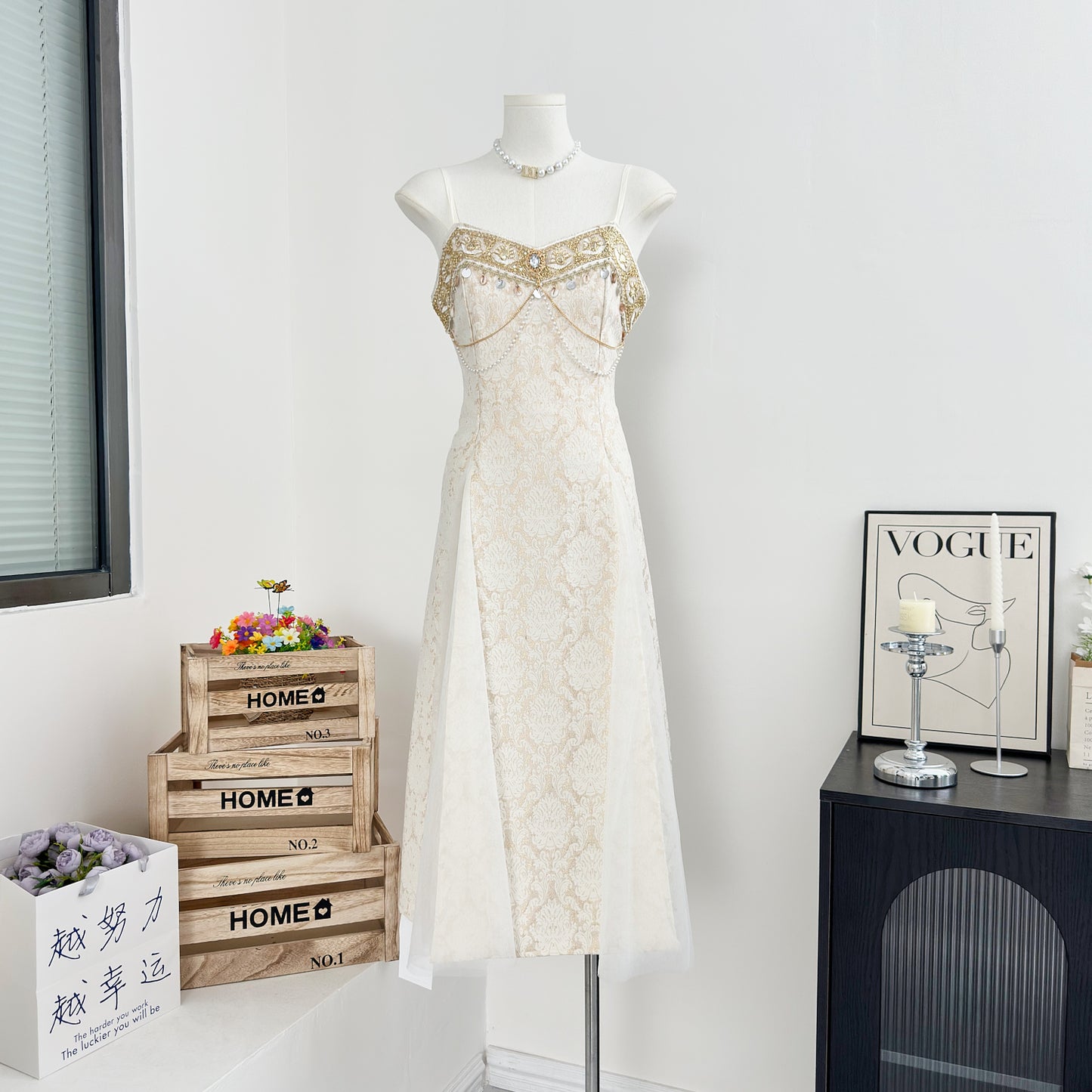 White Cardigan + Spaghetti Beaded Elegant Dress