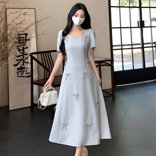 Square Collar Bow Mid-length Dress