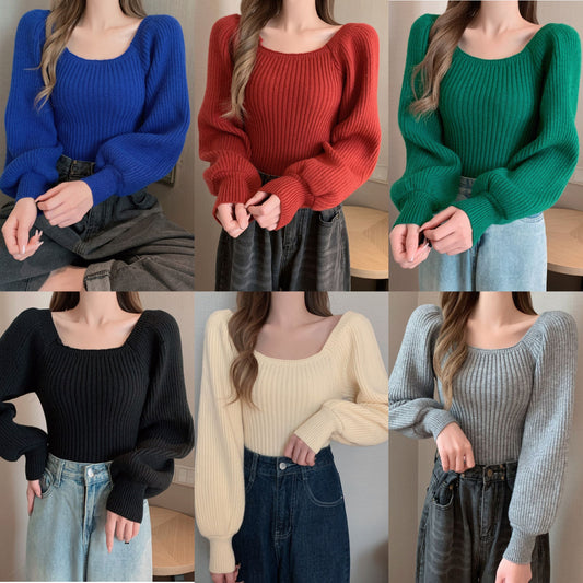 Square Collar Bubble Lantern Sleeve Knitted Women's Sweater