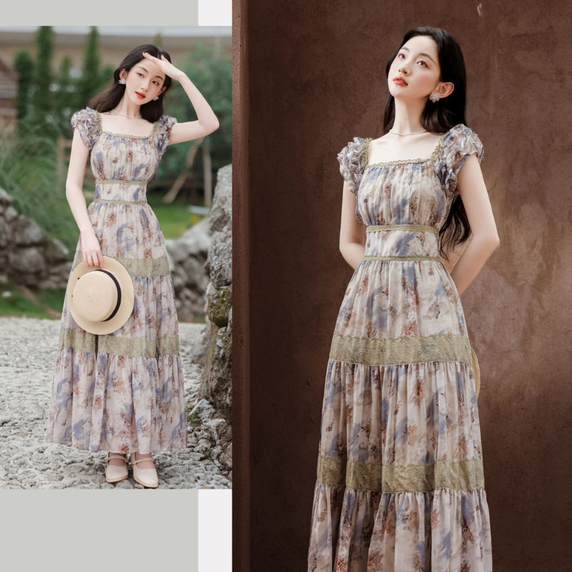 Square Collar Floral Long Dress