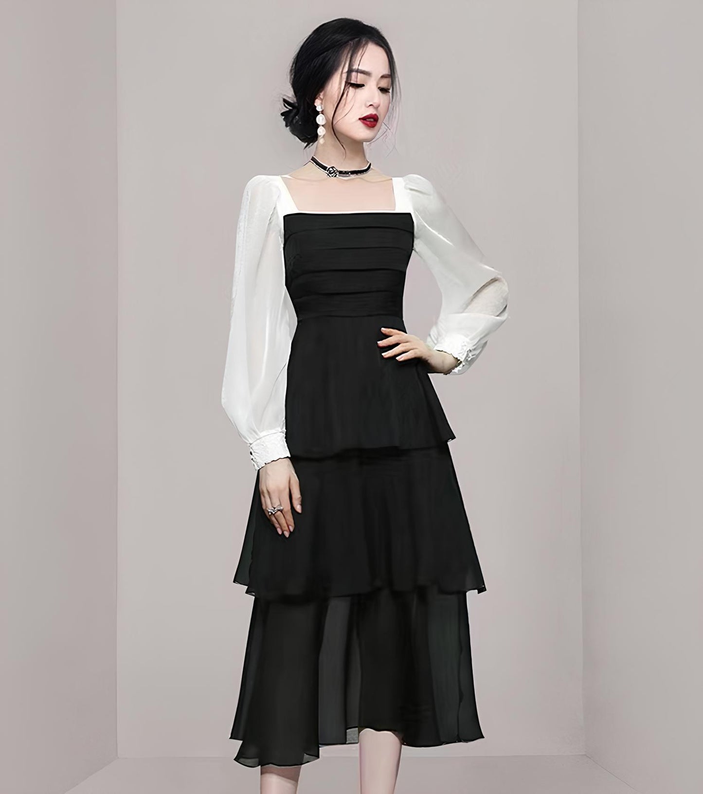 Square Neck Black and White Layered Dress