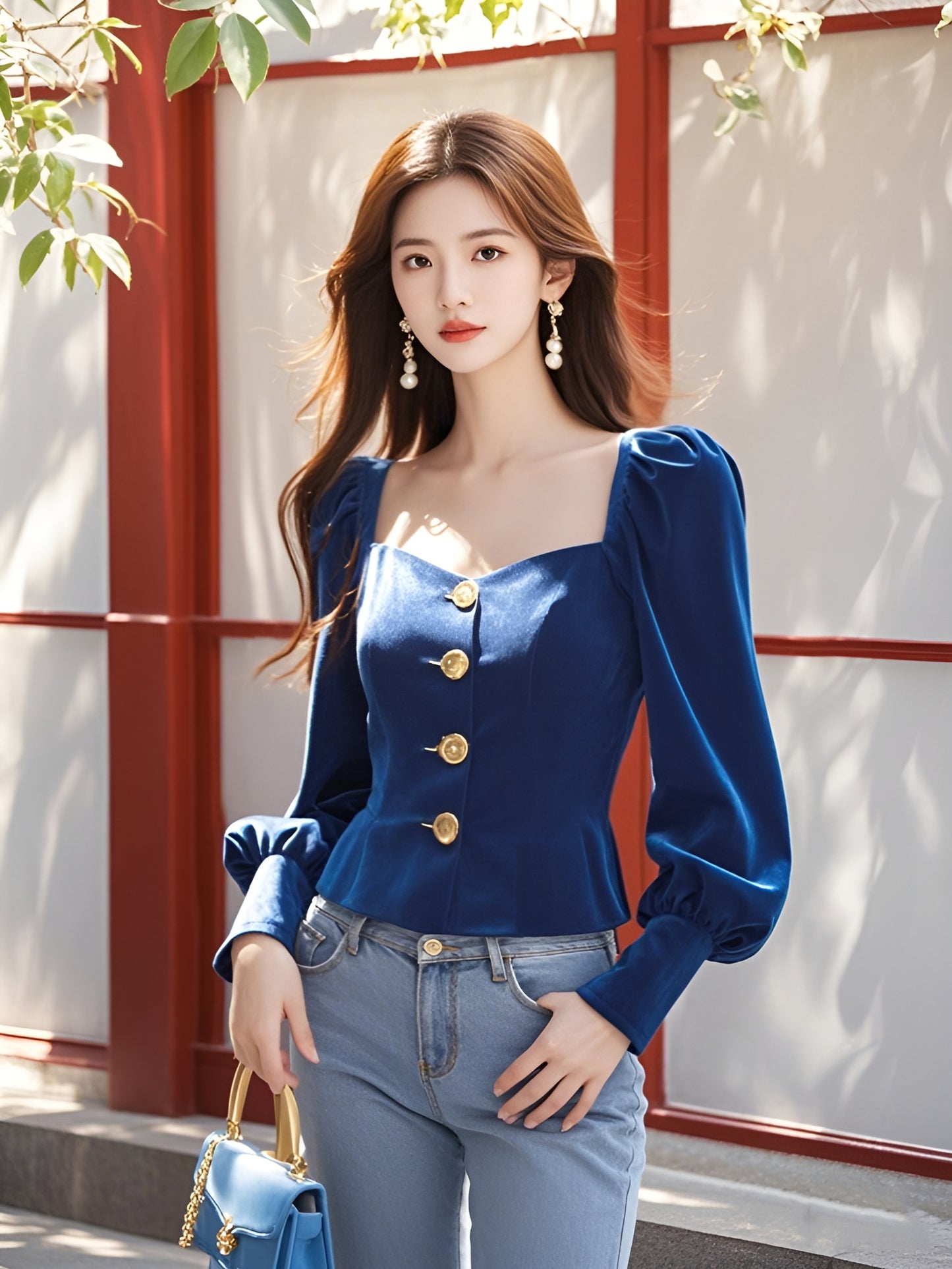 Square Neck Blue Velvet Long-sleeve Tops