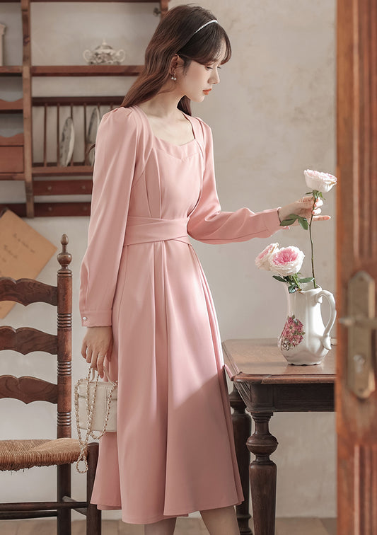 Square Neck Cherry Blossom Pink Mid-length Dress