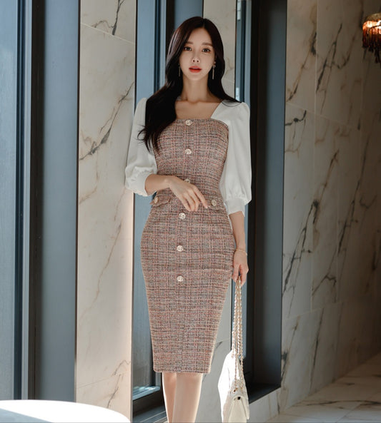 Square Neck Plaid Slim Dress