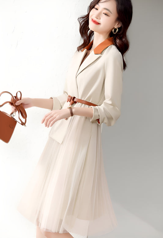 Suit Collar Beige Fake-two Suit Dress