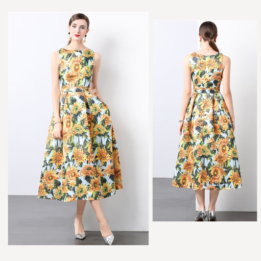 Sunflower Print Sleeveless A-line Dress