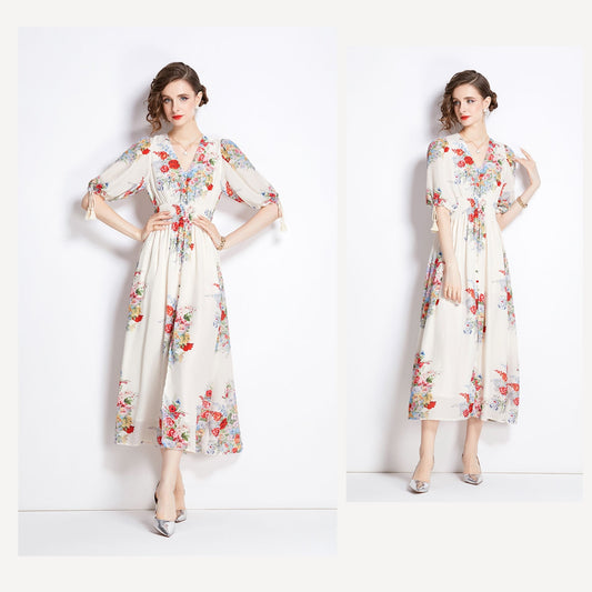 V-neck Floral Mid-length Dress