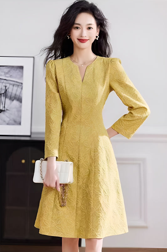 V-neck Jacquard Long-sleeve Dress