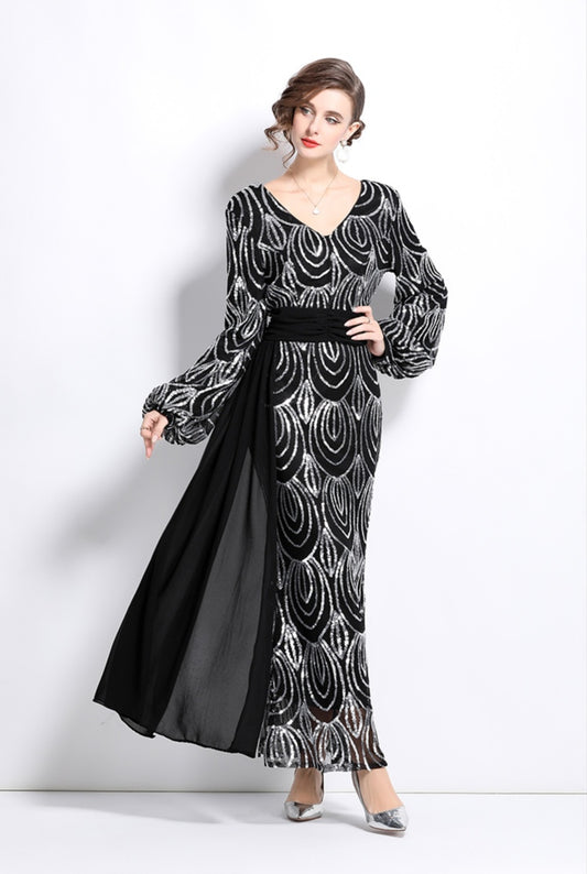 V-neck Mesh Heavy Chip Embroidery Elegant Evening Dress