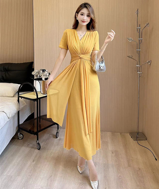 V-neck Pleated Hollow Dress