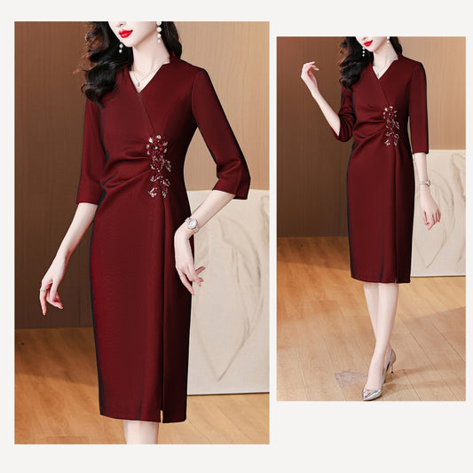 V-neck Red Elegant Evening Dress