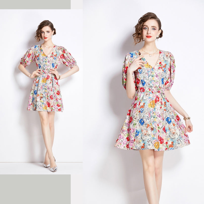 V-neck Retro Floral Mini Dress