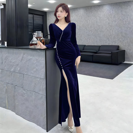 V-neck Long-sleeved Velvet Fishtail Dress