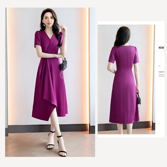 V-neck Pleated Elegant Dress