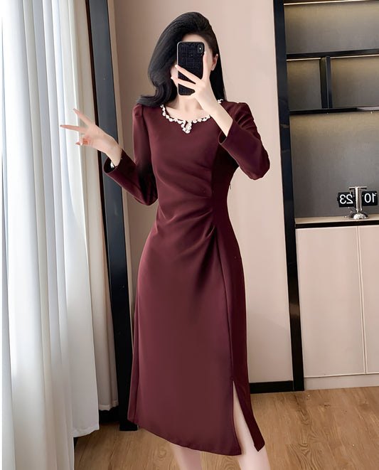 Waist Pleated Square Neck Slit Elegant Dress