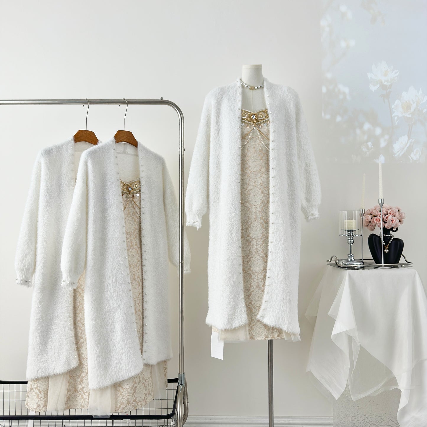 White Cardigan + Spaghetti Beaded Elegant Dress