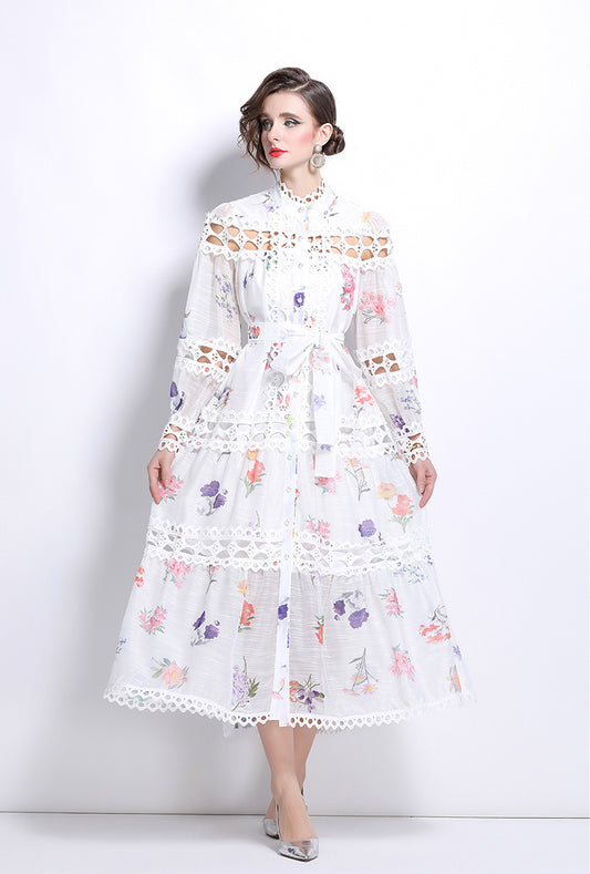 White Floral Hollow Mid-length Dress