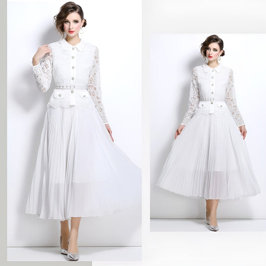 White Hollow Lace Splicing Pleated Mid-length Dress