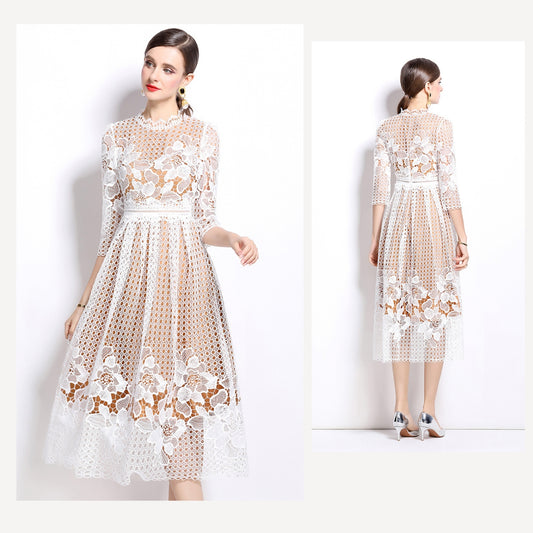 White Hook Flower Lace Mid-length Dress