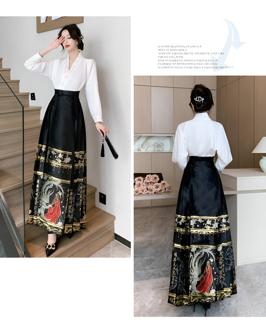 White Long-sleeve Shirt + Black Hanfu Adjustable Skirt Two Pieces Set