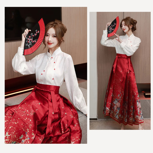 White Long-sleeve Shirt + Red Hanfu Adjustable Skirt Two Pieces Set