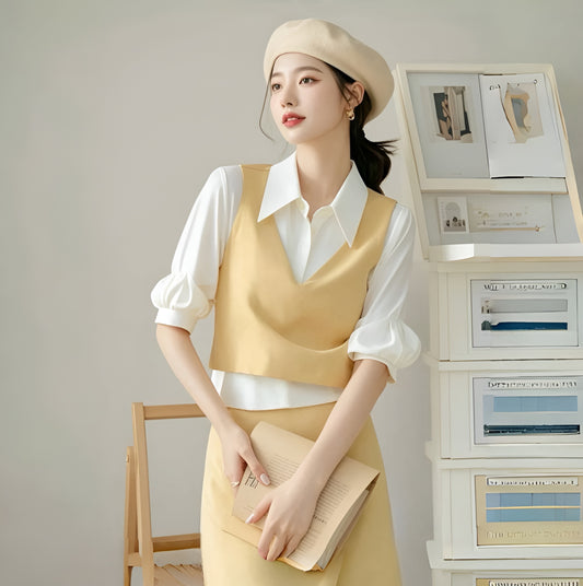 White Shirt + Vest + Yellow Skirt Three Pieces Suit Set