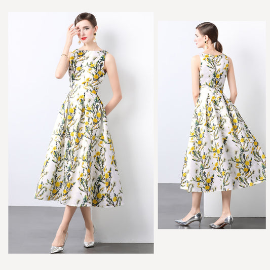 Yellow And White Flower Print Sleeveless A-line Dress