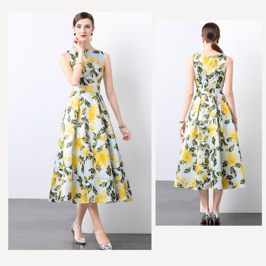 Yellow Flower Print Sleeveless A-line Dress