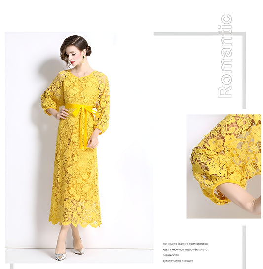 Yellow Hollow Lace Long Dress